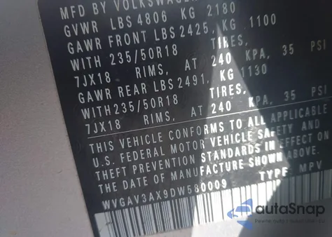 2013 Volkswagen Tiguan Se z USA, uszkodzony, nr VIN WVGAV3AX9DW580009